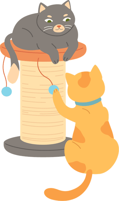 Two cartoon cats on a scratching post playing with cat toys.