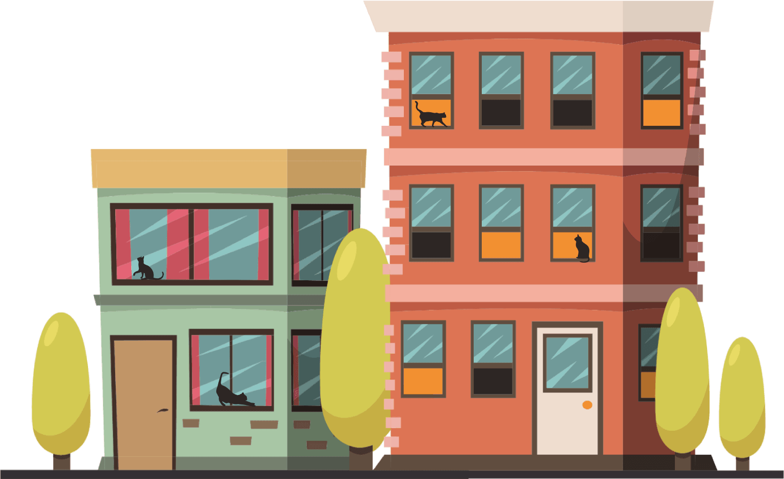 A couple small town buildings with cat silhouettes visible in the windows.